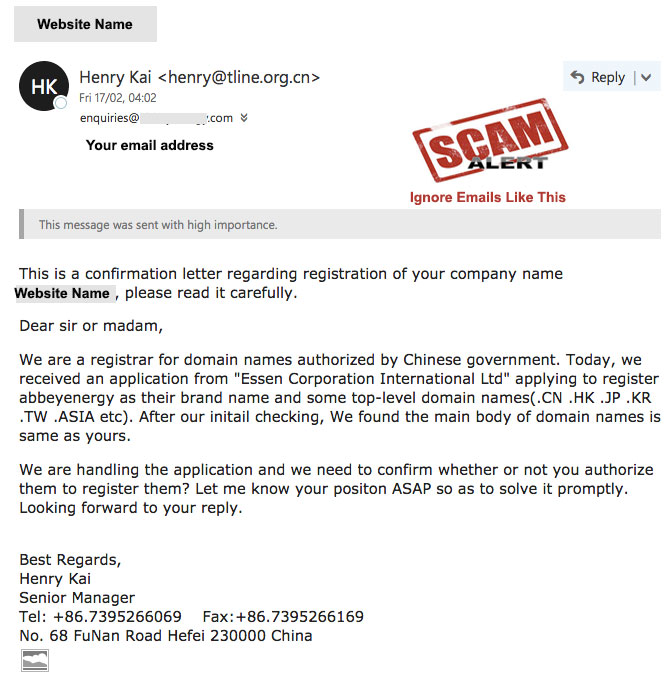 Chinese Domain Name scam just ignore it